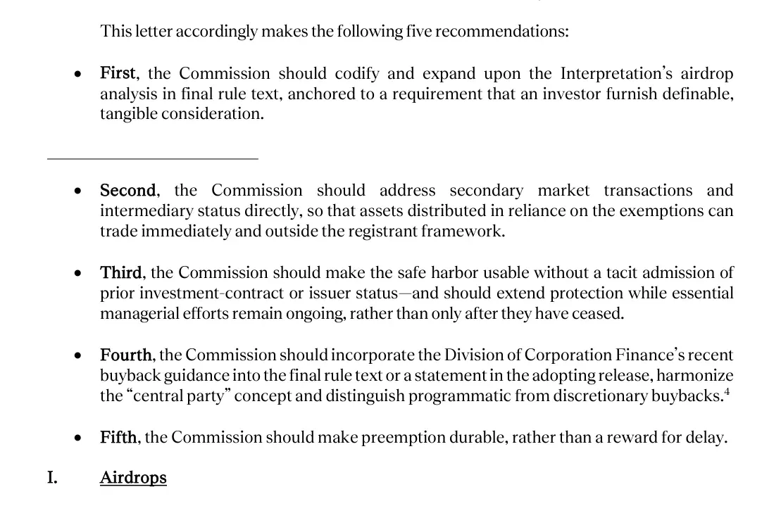 Hyperliquid Policy Center letter page listing its five recommendations on Regulation Crypto Assets