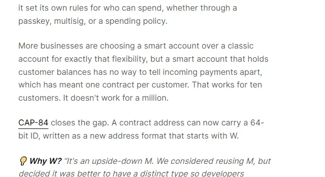 Stellar blog text describing CAP-84 and the new W address format for muxed contracts