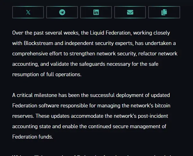 Liquid Federation blog post describing deployment of updated Federation software during the staged recovery