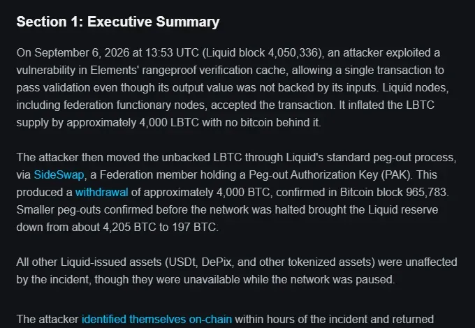 Executive summary of Blockstream's Liquid Network security incident assessment dated September 23 2026