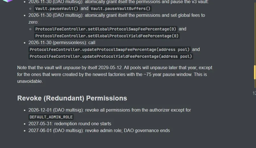 Balancer forum wind-down spec listing November 30 vault pause, December 1 permission revocation, May 31 2027 redemption and June 1 2027 end of DAO governance