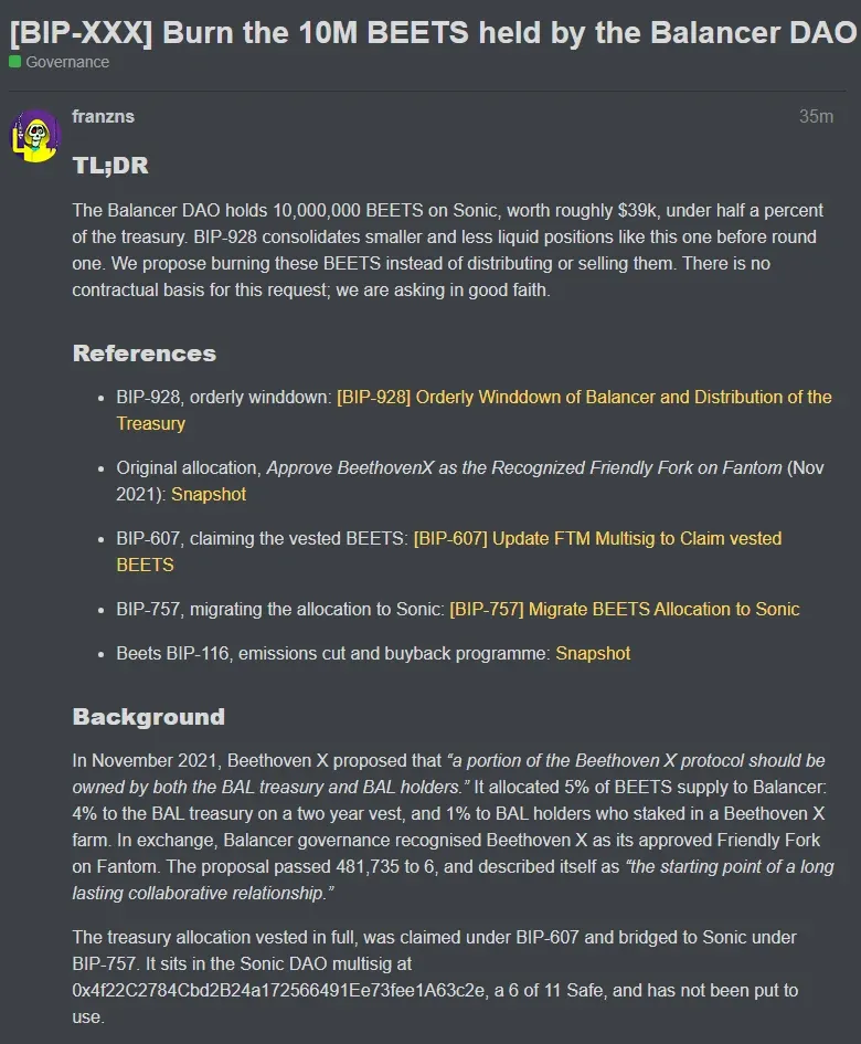 Balancer forum draft proposing to burn 10 million BEETS held by the DAO on Sonic