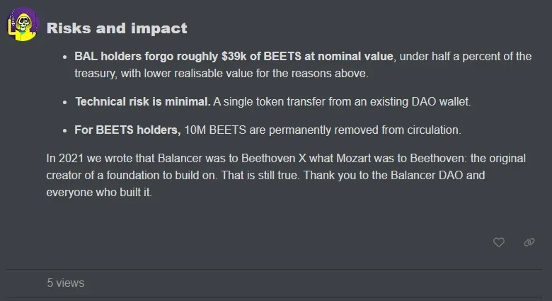Risks and impact section of the Balancer BEETS burn draft
