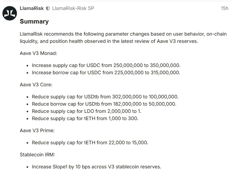 LlamaRisk recommended parameter changes for Aave V3 on the Aave governance forum