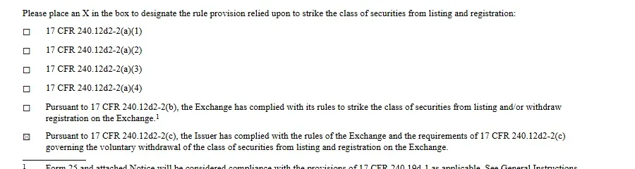 Form 25 box ticked for voluntary withdrawal under Rule 12d2-2(c)