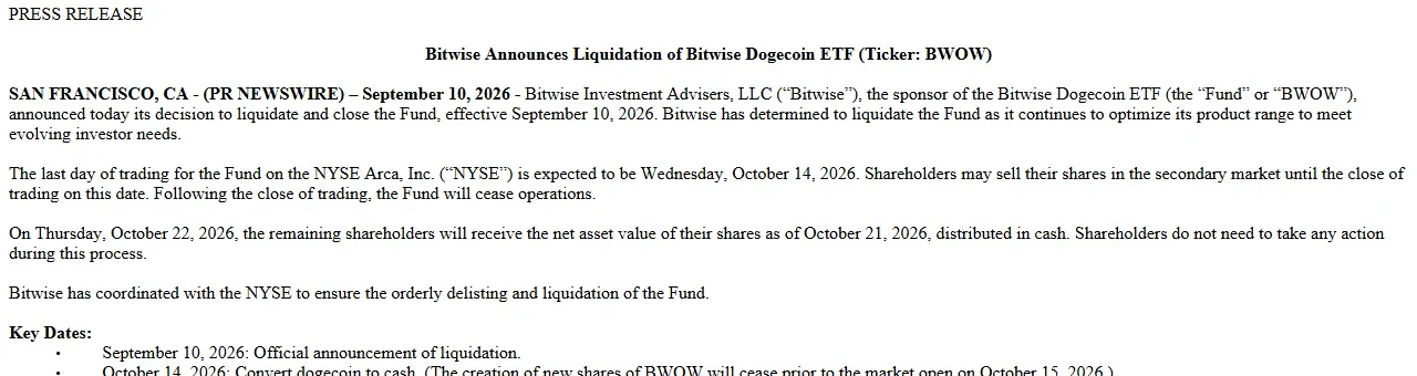 Bitwise press release announcing liquidation of the Dogecoin ETF