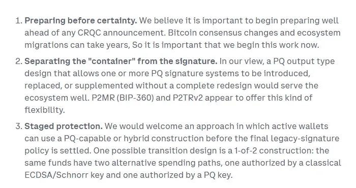 Coinbase blog list of high-level points on Bitcoin post-quantum readiness