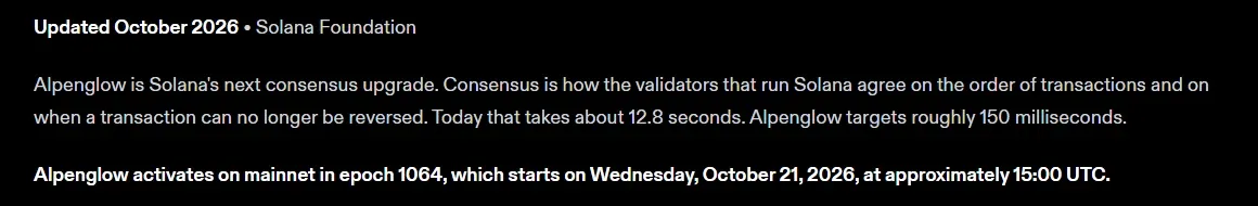 Solana Foundation Alpenglow page stating activation in epoch 1064 on October 21, 2026