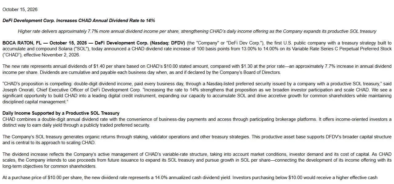 DeFi Development Corp press release raising the CHAD preferred dividend rate from 13 percent to 14 percent