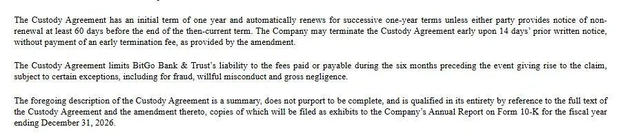 Riot 8-K paragraphs on the term, 14-day early termination and BitGo liability cap