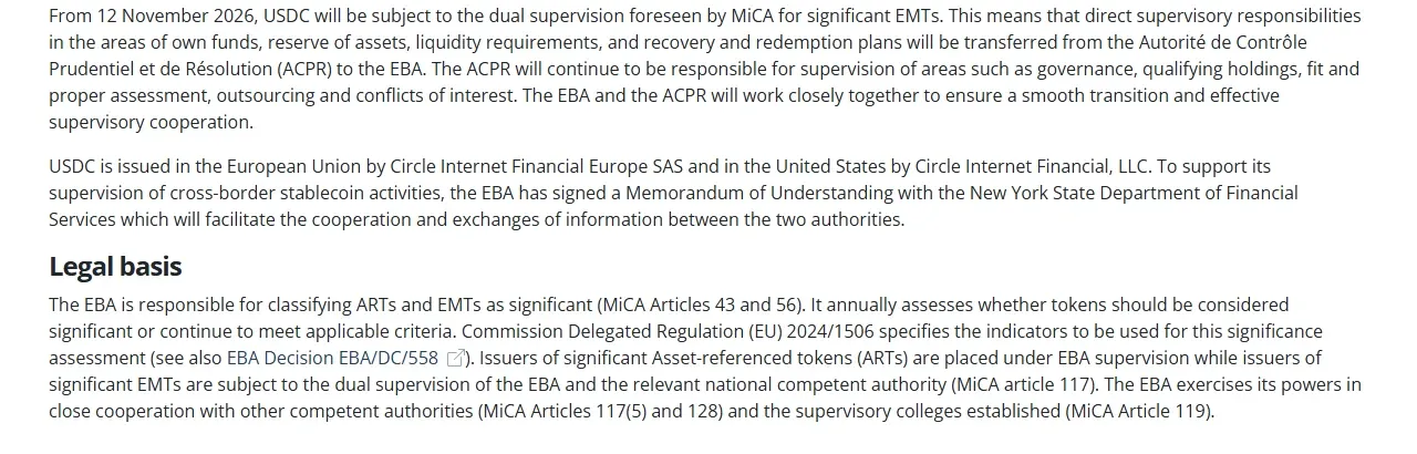 EBA press release paragraphs on dual supervision of USDC and the legal basis under MiCA