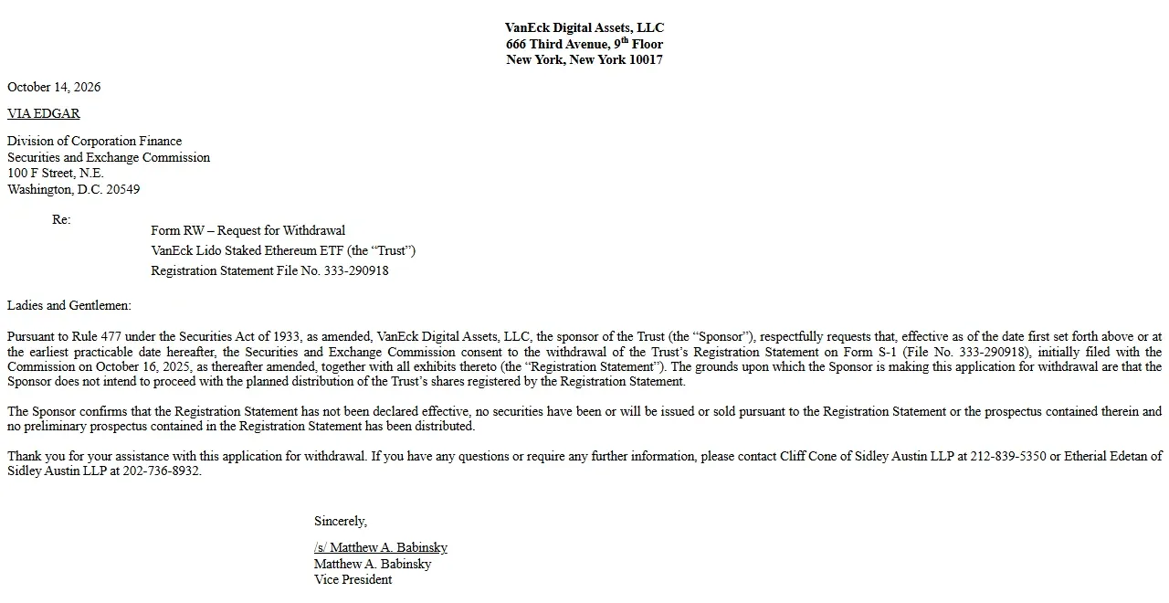 First page of the VanEck Form RW asking the SEC to withdraw the Lido Staked Ethereum ETF registration