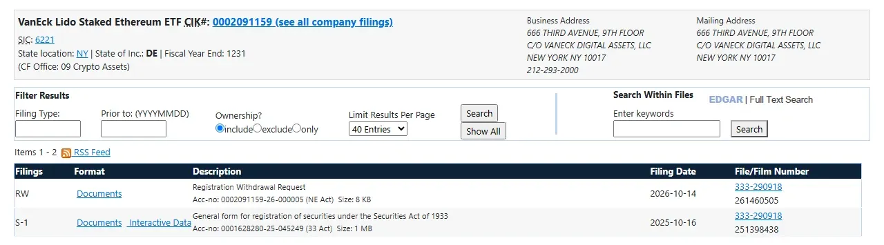 EDGAR company page for the VanEck Lido Staked Ethereum ETF showing one S-1 and one RW filing