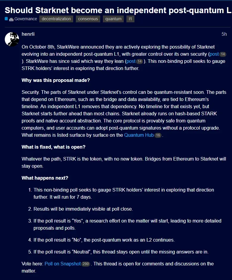 Starknet community forum post explaining the post-quantum L1 poll and what each result triggers