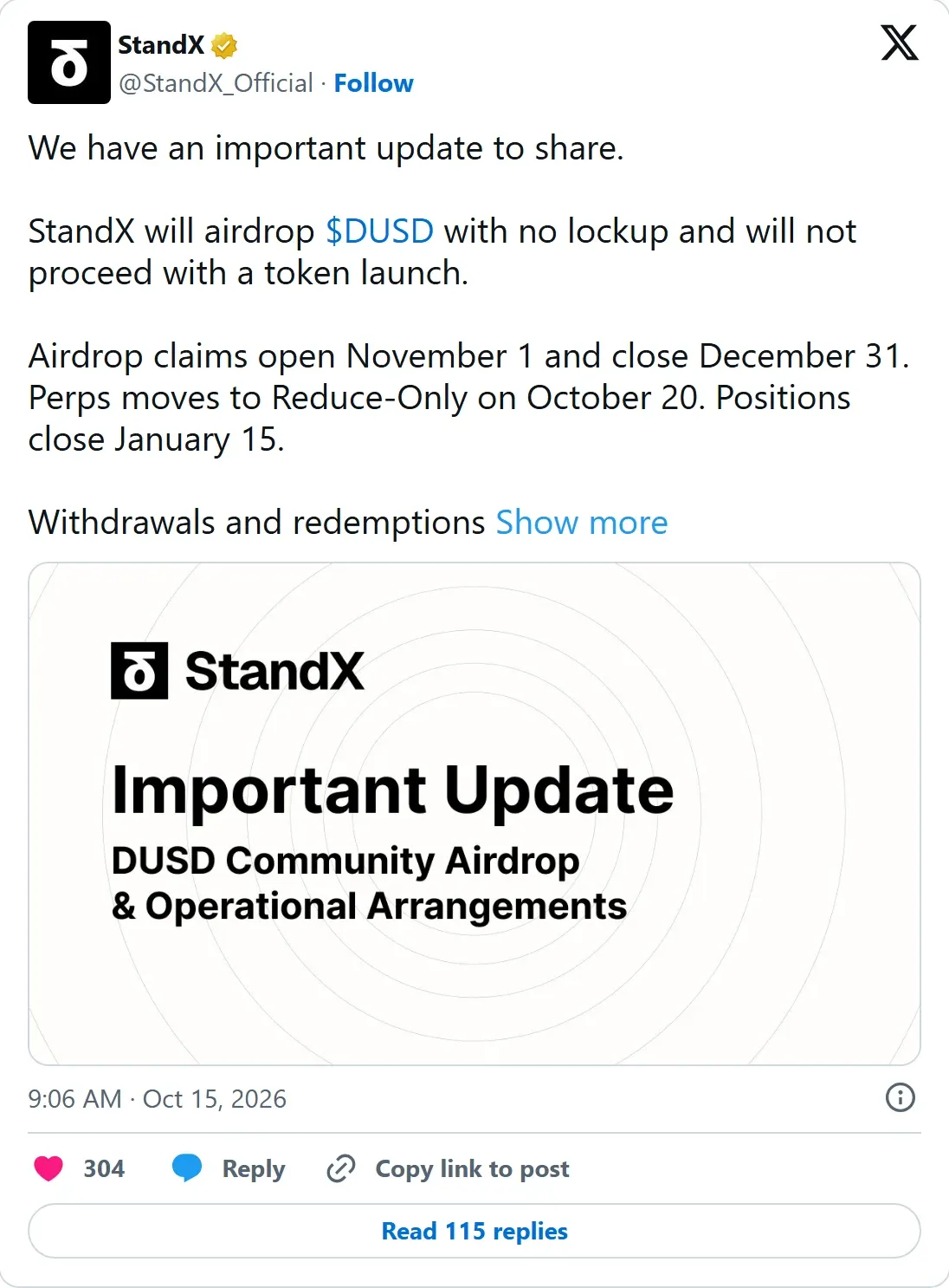 StandX post on X announcing a DUSD airdrop, no token launch and the wind-down dates