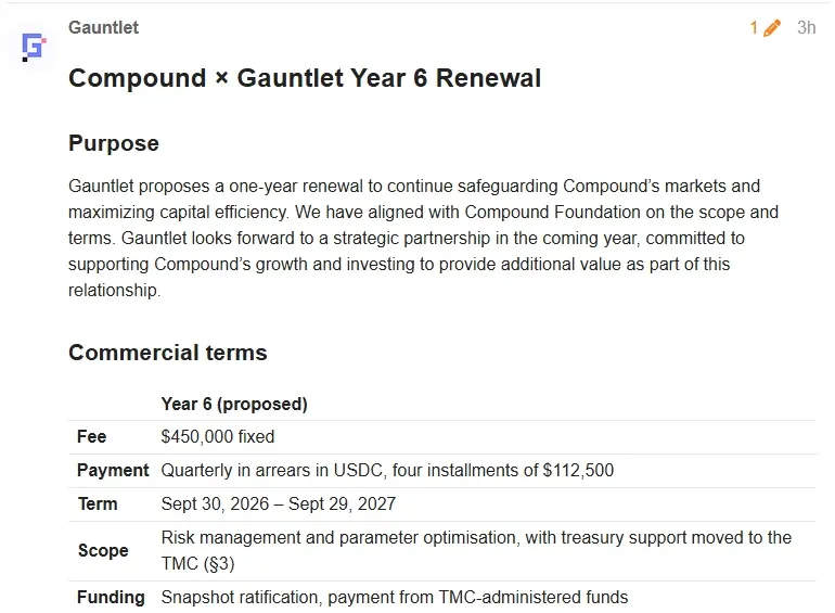Compound forum post with the Gauntlet Year 6 renewal commercial terms showing a 450000 dollar fixed fee