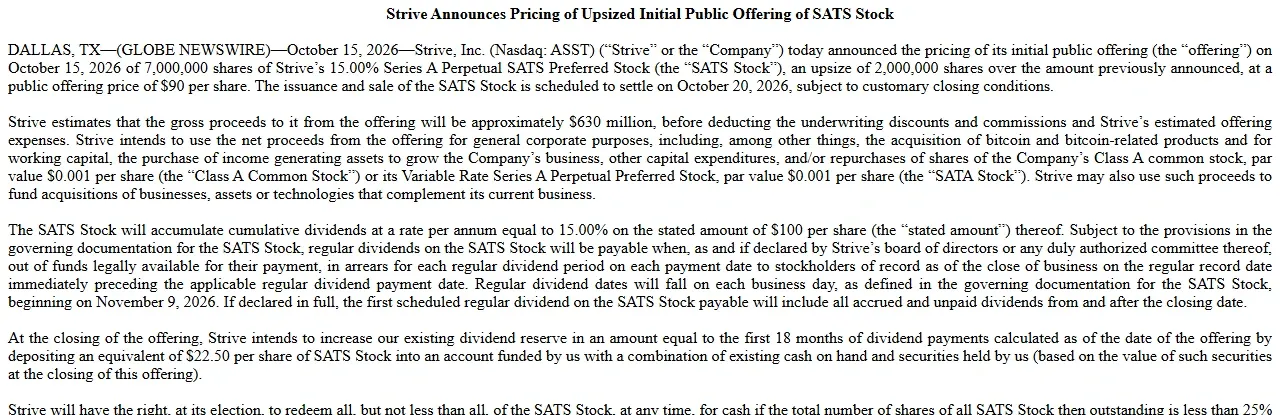 Strive press release announcing pricing of 7,000,000 SATS preferred shares at 90 dollars