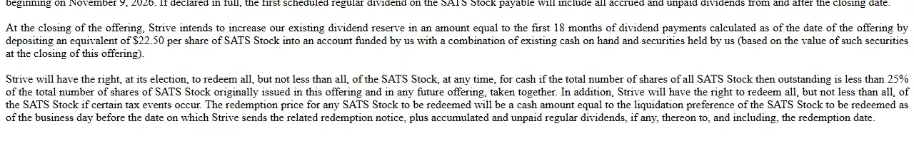 Strive press release paragraphs on the 22.50 dollar per share dividend reserve and redemption rights