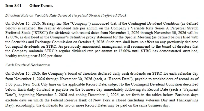 Strategy 8-K Item 8.01 declaring daily cash dividends on STRC for November 2026 at a 12.00 percent rate