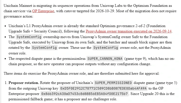Optimism governance post executive summary on the Unichain move from Uniswap Labs to the Optimism Foundation with cutover targeted for October 29