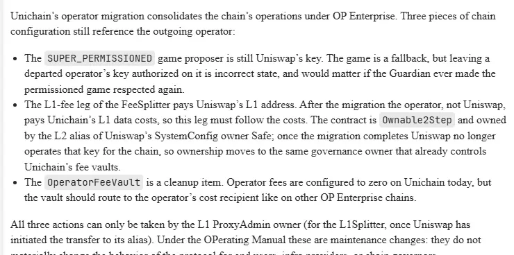 Optimism governance post motivation section listing proposer key, fee splitter and operator fee vault items