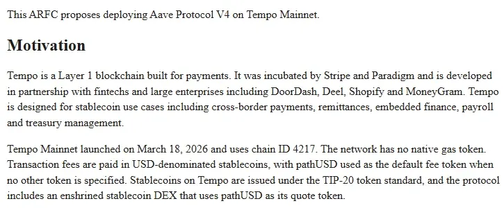 Aave governance post summary and motivation for deploying Aave V4 on Tempo mainnet