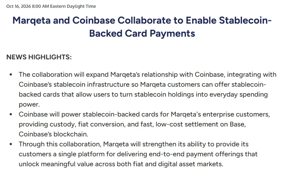Business Wire release headline and news highlights for the Marqeta and Coinbase stablecoin-backed card collaboration
