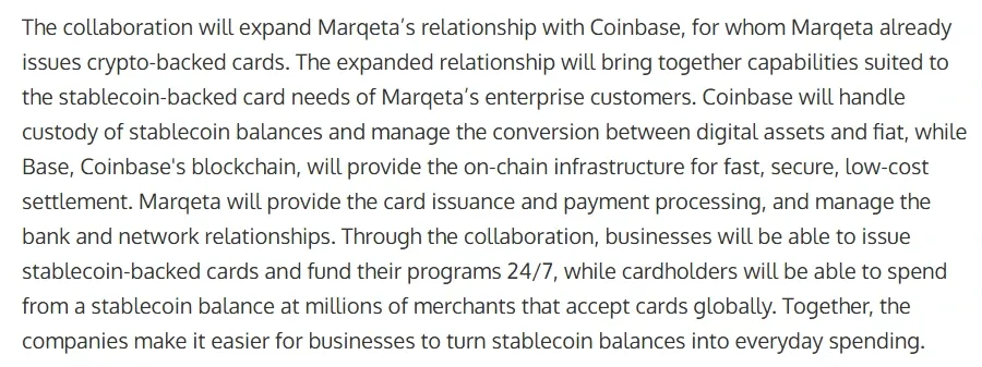 Release paragraph describing Coinbase custody, Base settlement and Marqeta card issuance