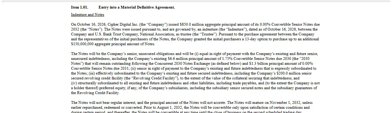 SEC 8-K Item 1.01 describing the $850 million 0% convertible senior notes due 2032 issued by Cipher Digital
