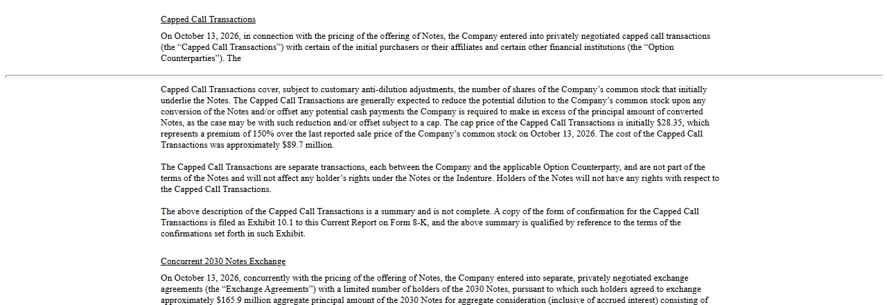 SEC 8-K section on the capped call transactions with a $28.35 cap price and $89.7 million cost