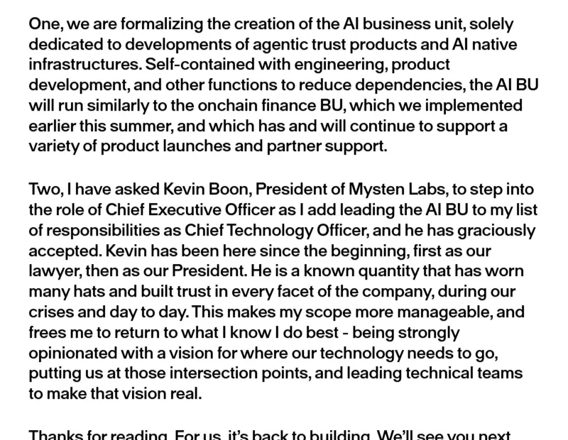 Mysten Labs blog letter announcing a new AI business unit and Kevin Boon as chief executive