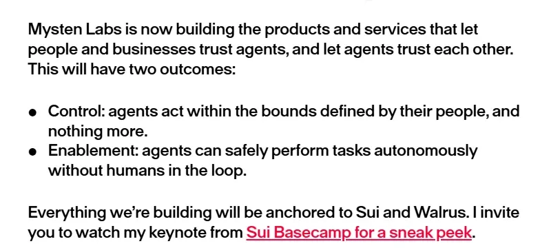 Mysten Labs letter listing control and enablement as the two goals for AI agents on Sui and Walrus