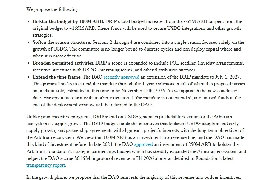 Arbitrum forum proposal text asking for 100M ARB to bolster the DRIP budget, with about 165M ARB total