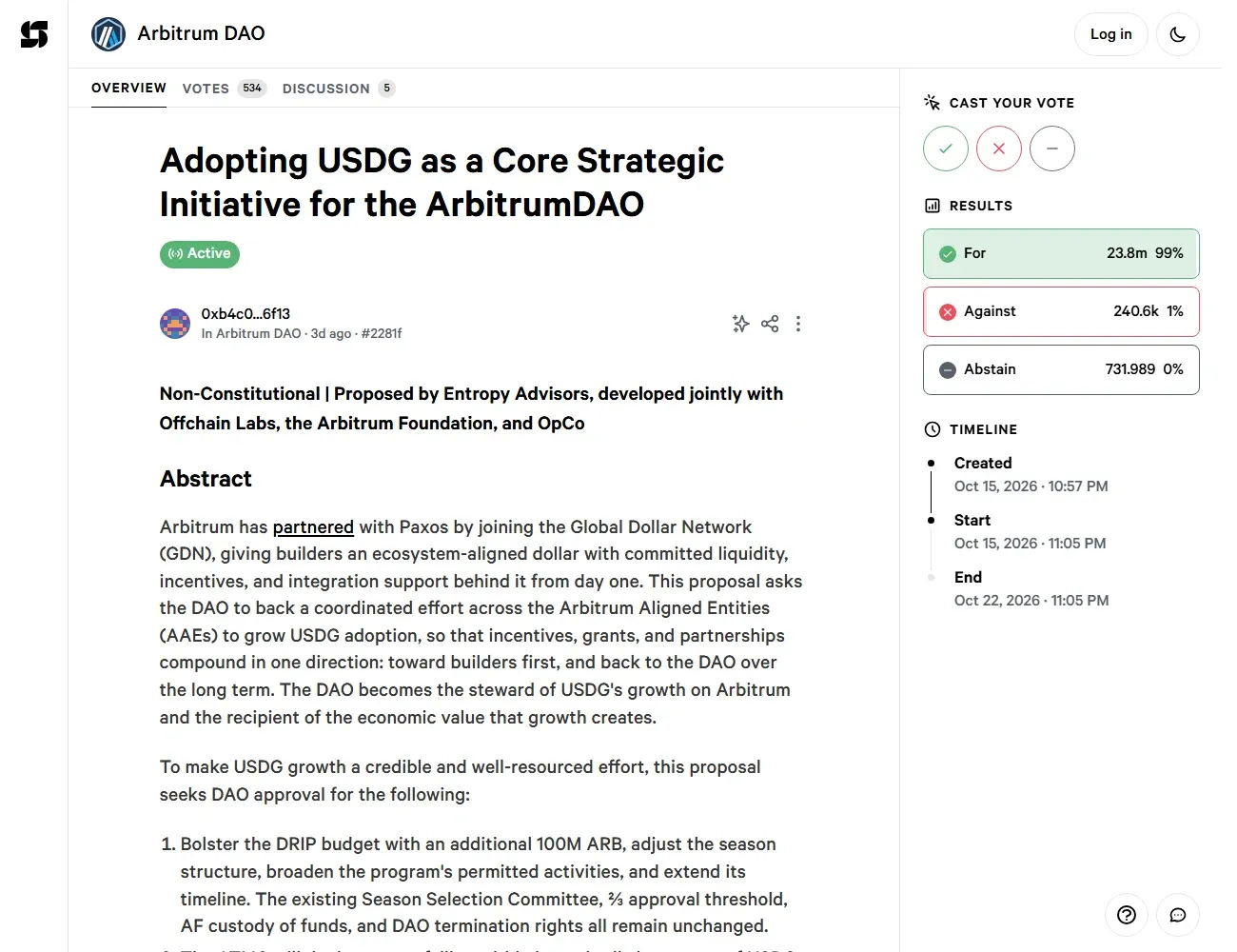 Snapshot results for the Arbitrum USDG vote showing 23.8 million ARB for and 240.6 thousand against