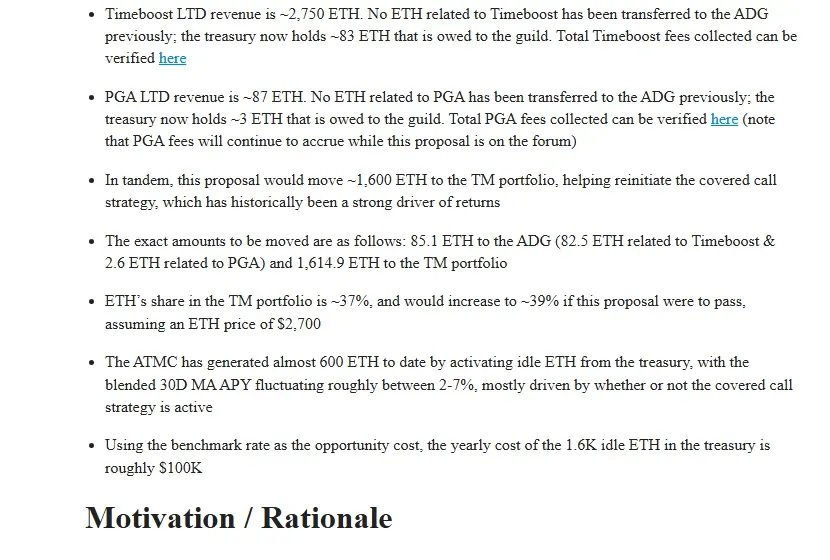 Arbitrum forum summary of the 1,700 ETH proposal showing 85.1 ETH to the Developer Guild and 1,614.9 ETH to the treasury portfolio