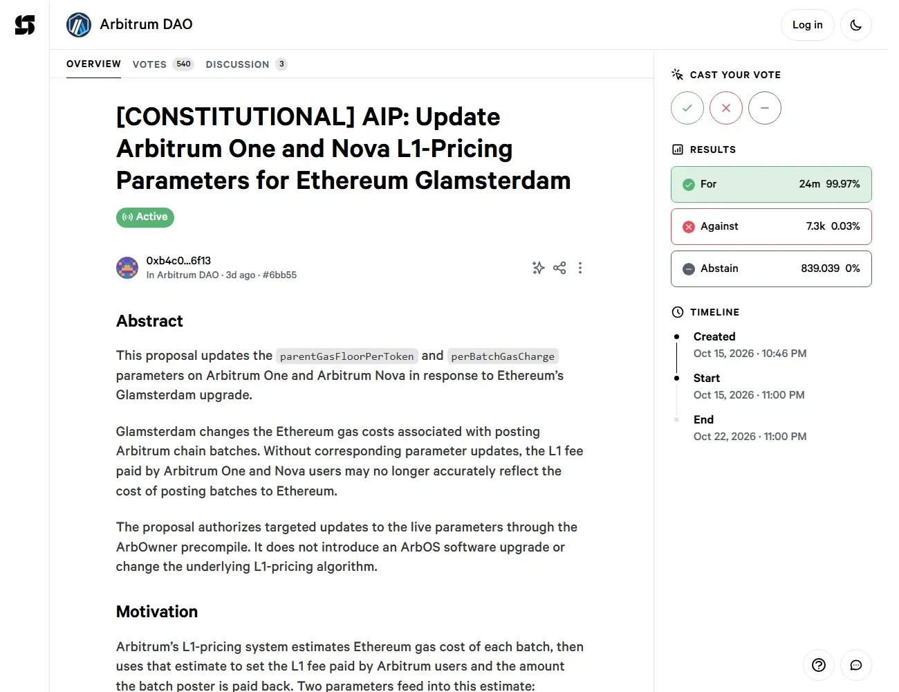 Snapshot results for the Arbitrum Glamsterdam pricing vote showing 24 million ARB for and 7.3 thousand against
