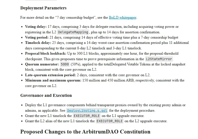 Arbitrum forum deployment parameters listing a 17-day voting delay, 21-day voting period and 25-day timelock
