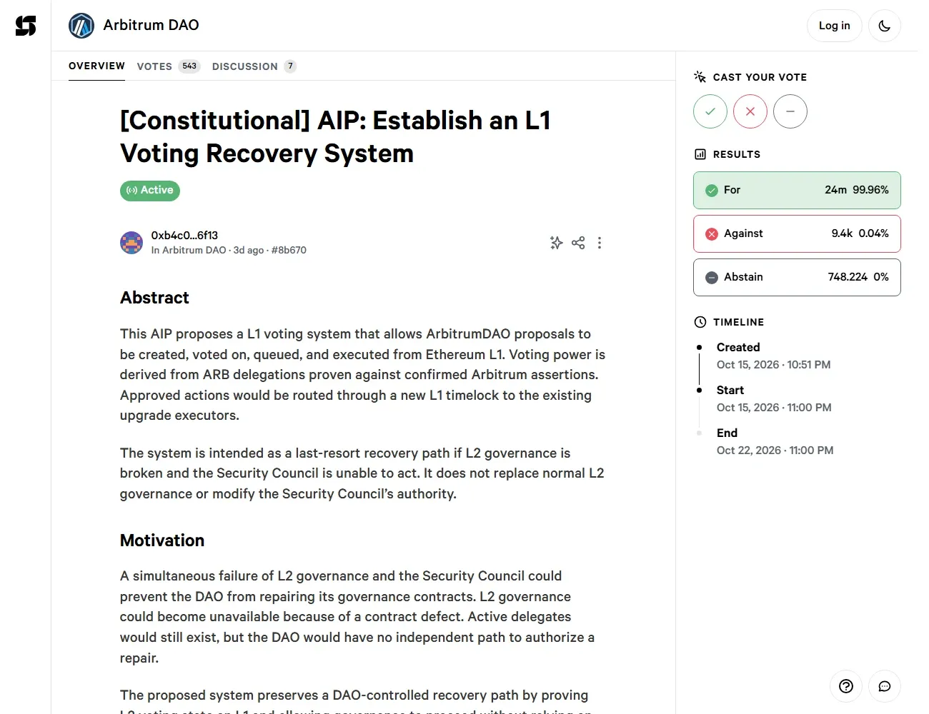 Snapshot results for the Arbitrum L1 voting recovery proposal showing 24 million ARB for and 9.4 thousand against