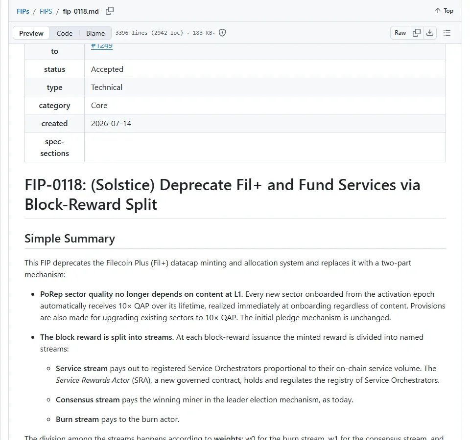 GitHub page for FIP-0118 Solstice Deprecate Fil+ and Fund Services via Block-Reward Split, status Accepted