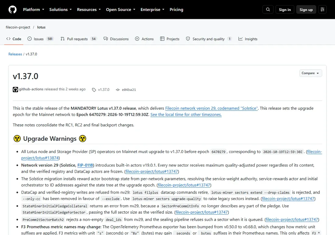 Lotus v1.37.0 release notes marked mandatory, setting the Filecoin network version 29 upgrade epoch