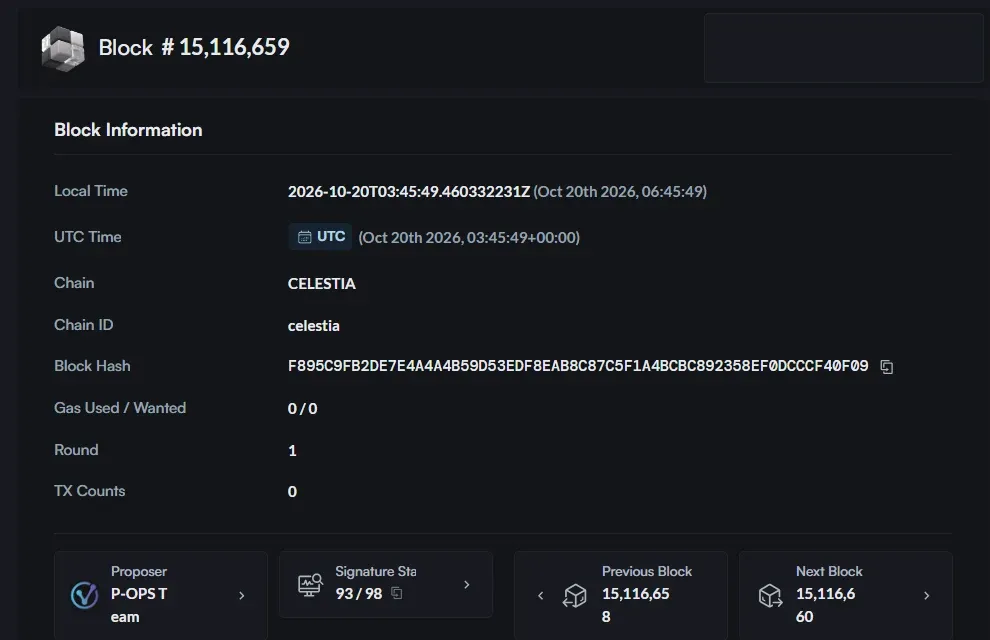 Mintscan page for Celestia block 15,116,659 at 03:45:49 UTC on October 20, 2026