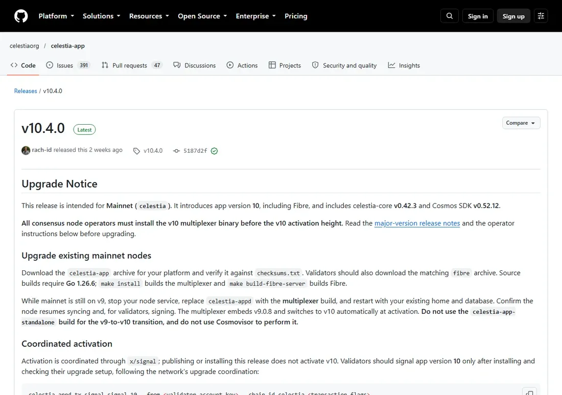 celestia-app v10.4.0 GitHub release notes introducing app version 10 with Fibre