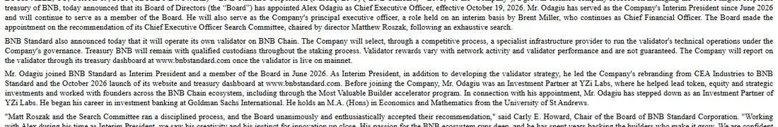 BNB Standard press release text appointing Alex Odagiu as CEO and announcing a plan to operate a BNB Chain validator