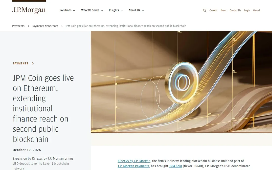 J.P. Morgan Payments newsroom page headlined JPM Coin goes live on Ethereum, dated October 19, 2026