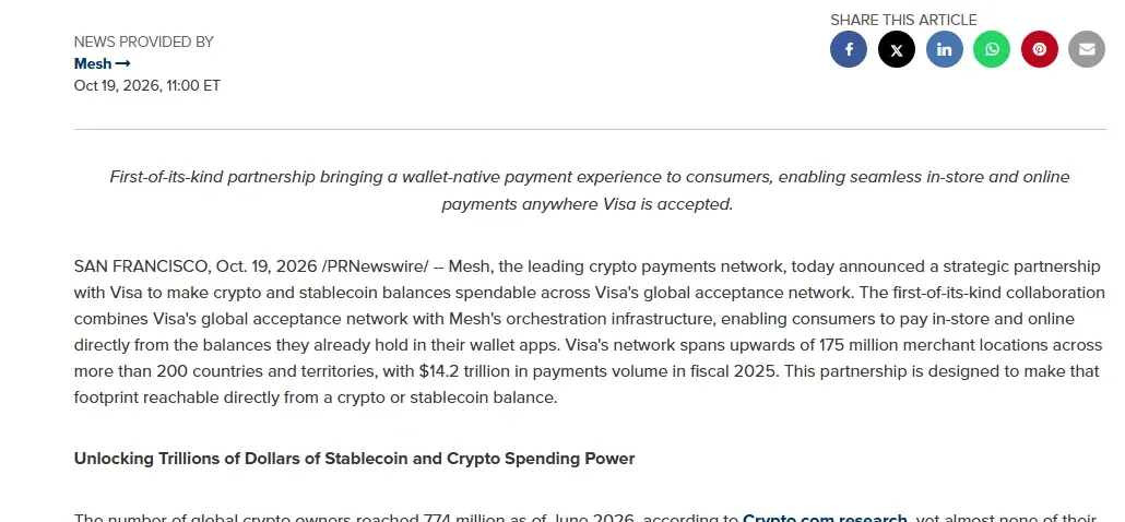 Opening of Mesh's October 19 press release announcing its partnership with Visa for spendable crypto and stablecoin balances