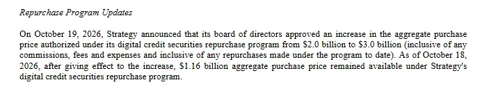 Strategy 8-K paragraph raising the digital credit securities repurchase program from 2.0 billion to 3.0 billion dollars