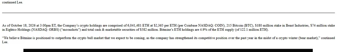 Bitmine press release paragraph listing 6,041,481 ETH and other holdings as of October 18, 2026