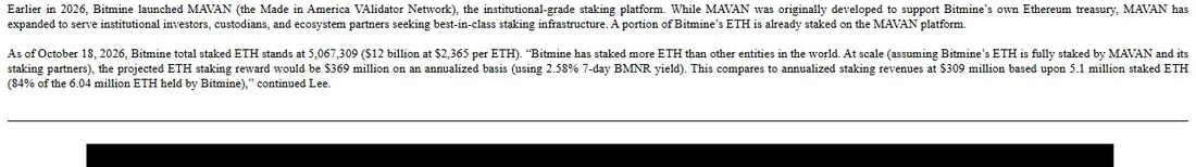 Bitmine press release paragraph on 5,067,309 staked ETH and projected annual staking reward