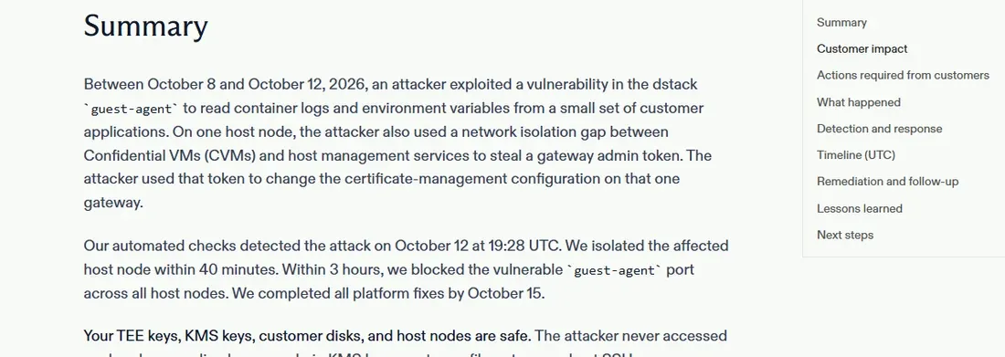 Summary section of Phala's October 19 post-mortem describing the dstack guest-agent attack between October 8 and 12
