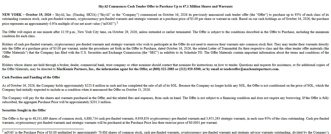 SkyAI press release opening paragraphs on the cash tender offer at 3.00 dollars per share and 223.8 million dollars in cash